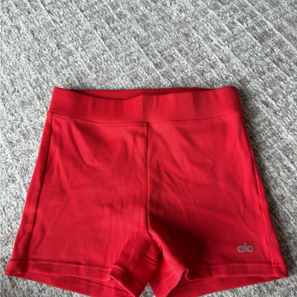 ALO Yoga Bright Red Ribbed High-Waist Bike Shorts
